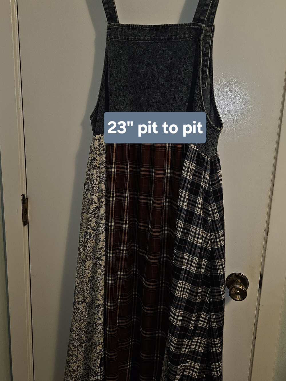 Patchwork Plaid Maxi Dress with Denim Bib - Picture 3 of 8